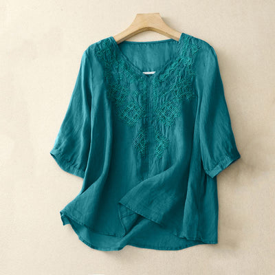 Buddha Stones V-Neck Lines Embroidery Women's Half Sleeve Shirt - DarkTurquoise - US12，UK/AU16，EU44 (2XL) - image 1