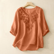Buddha Stones V-Neck Lines Embroidery Women's Half Sleeve Shirt - SandyBrown - US12，UK/AU16，EU44 (2XL) - image 6