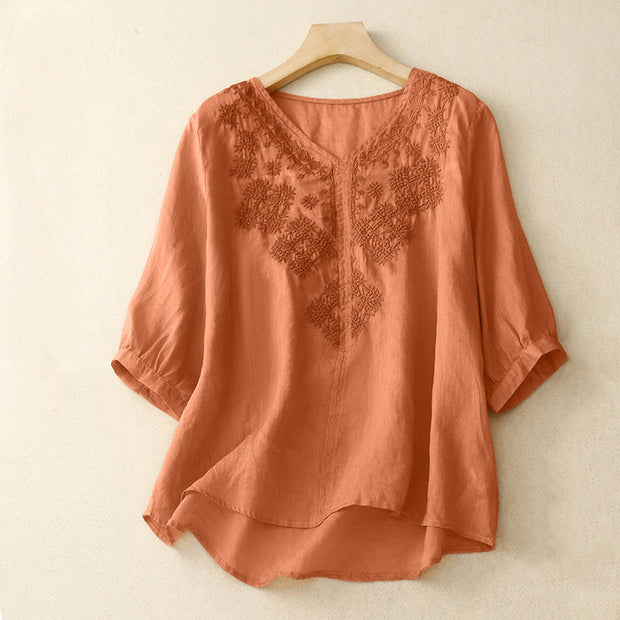 Buddha Stones V-Neck Lines Embroidery Women's Half Sleeve Shirt - SandyBrown - US12，UK/AU16，EU44 (2XL) - image 6