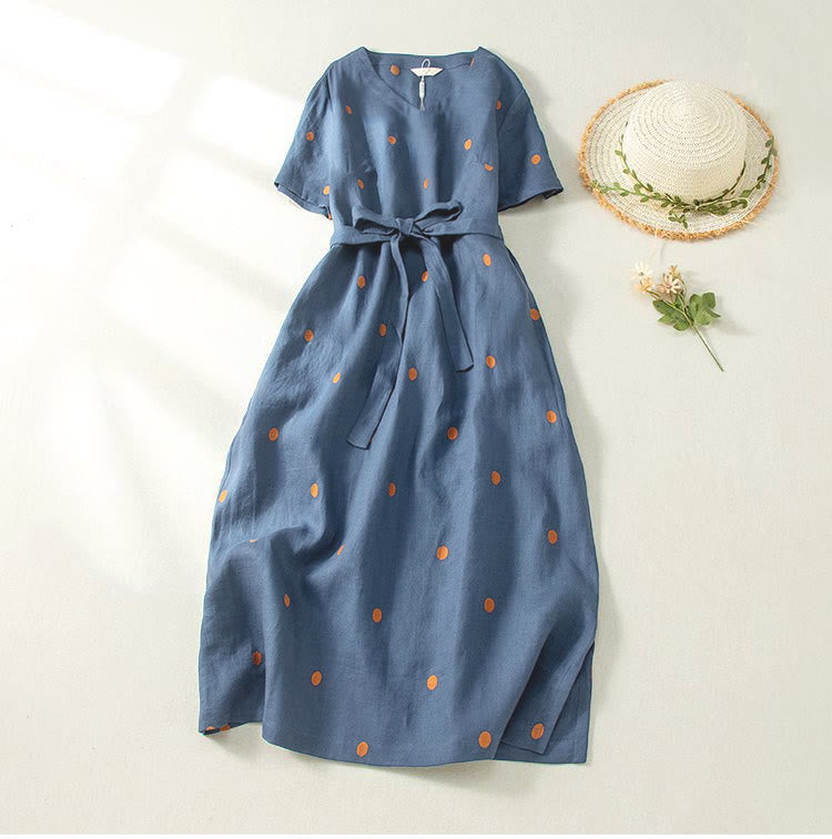 Buddha Stones Casual Dot Pattern Short Sleeve Lace-Up Cotton Linen Women's Midi Dress with Pockets, DarkBlue / US6,UK/AU10,EU38 (XL)