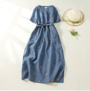 Buddha Stones Casual Dot Pattern Short Sleeve Lace-up Cotton Linen Women's Midi Dress With Pockets - DarkBlue - US8-10，UK/AU12-14，EU40-42 (2XL) - image 1