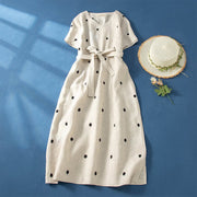 Buddha Stones Casual Dot Pattern Short Sleeve Lace-up Cotton Linen Women's Midi Dress With Pockets - Beige - US8-10，UK/AU12-14，EU40-42 (2XL) - image 8