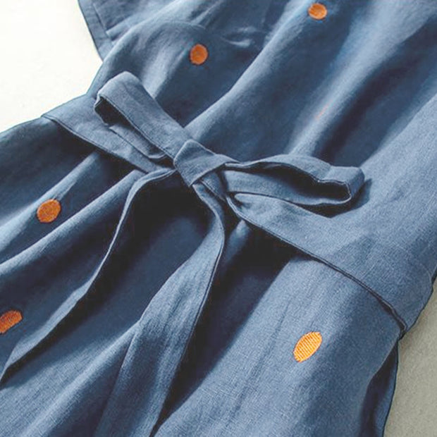 Buddha Stones Casual Dot Pattern Short Sleeve Lace-up Cotton Linen Women's Midi Dress With Pockets - image 3