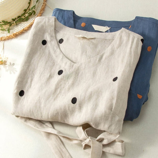 Buddha Stones Casual Dot Pattern Short Sleeve Lace-up Cotton Linen Women's Midi Dress With Pockets - image 12