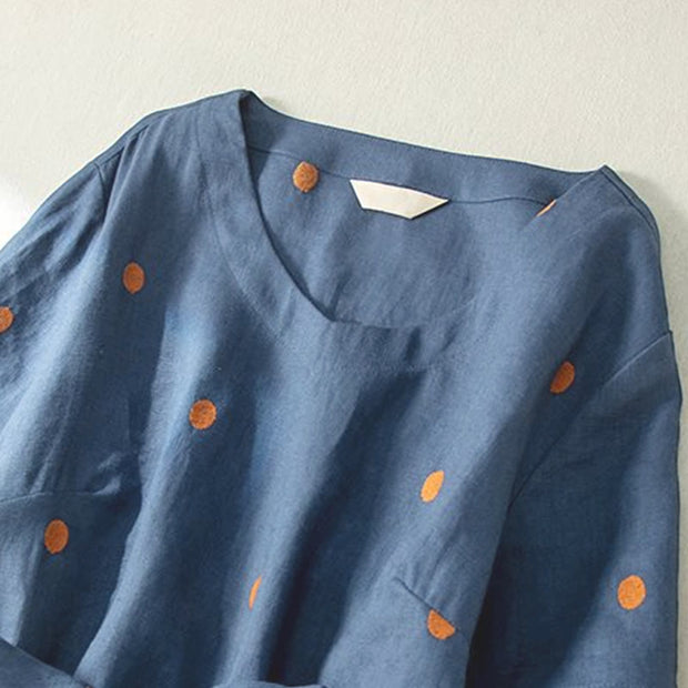 Buddha Stones Casual Dot Pattern Short Sleeve Lace-up Cotton Linen Women's Midi Dress With Pockets - image 5