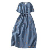 Buddha Stones Casual Dot Pattern Short Sleeve Lace-up Cotton Linen Women's Midi Dress With Pockets - image 7