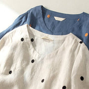 Buddha Stones Casual Dot Pattern Short Sleeve Lace-up Cotton Linen Women's Midi Dress With Pockets - image 13