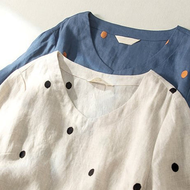 Buddha Stones Casual Dot Pattern Short Sleeve Lace-up Cotton Linen Women's Midi Dress With Pockets - image 13