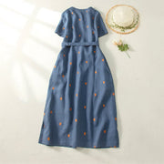 Buddha Stones Casual Dot Pattern Short Sleeve Lace-up Cotton Linen Women's Midi Dress With Pockets - image 2