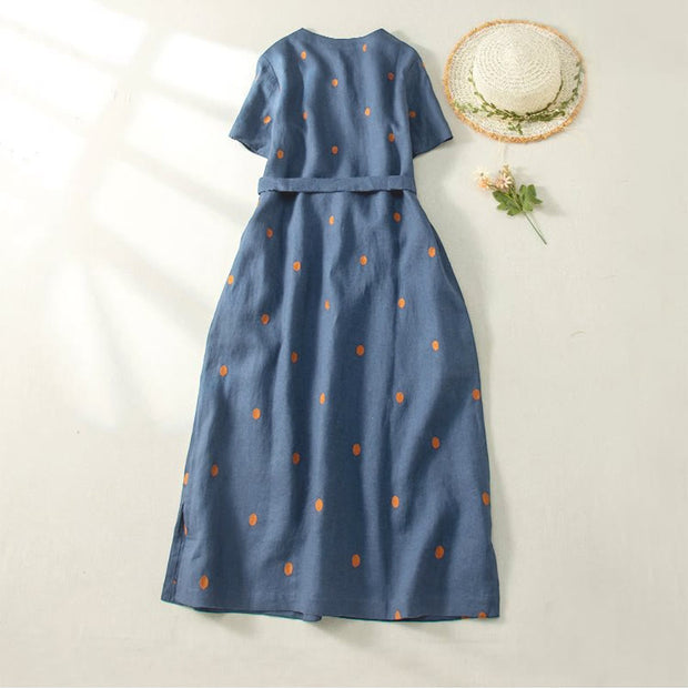 Buddha Stones Casual Dot Pattern Short Sleeve Lace-up Cotton Linen Women's Midi Dress With Pockets - image 2