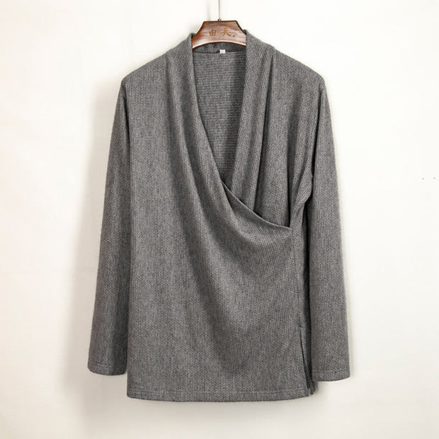 Buddha Stones Vintage Plain Irregular Collar Design Men's Cotton Jacket Shirt - Gray - US14，UK/AU18，EU46 (4XL) - image 3