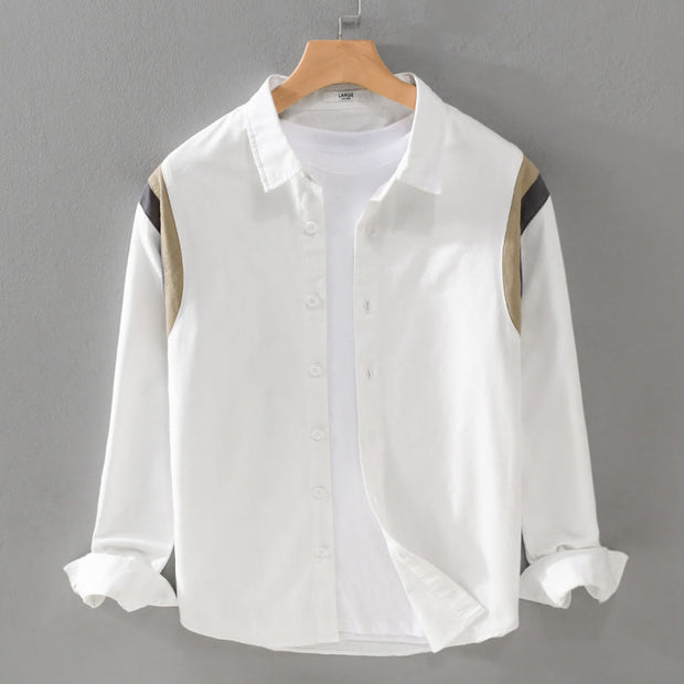 Buddha Stones Spring Patchwork Design Long Sleeve Cotton Men Shirt Clothing - White - US/UK/AU42，EU52 (3XL) - image 1