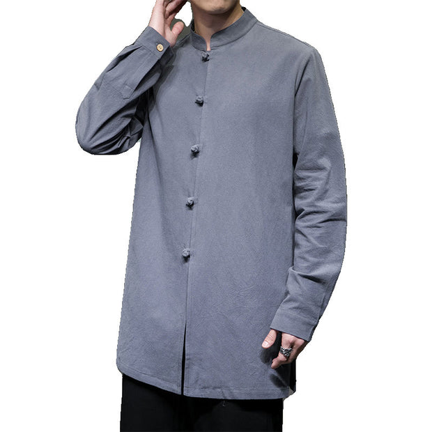 Buddha Stones Simple Tang Suit Plain Chinese Frog-Button Design Men's Cotton Jacket Shirt - image 11
