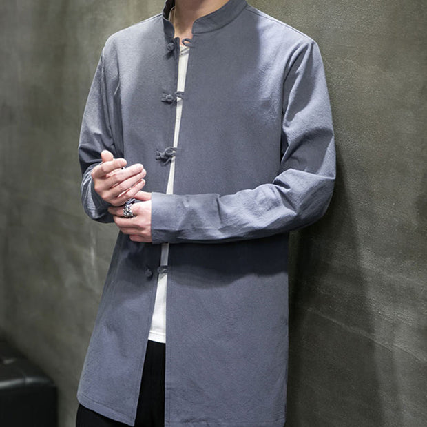 Buddha Stones Simple Tang Suit Plain Chinese Frog-Button Design Men's Cotton Jacket Shirt - image 10