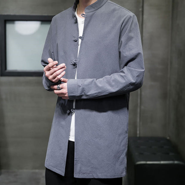 Buddha Stones Simple Tang Suit Plain Chinese Frog-Button Design Men's Cotton Jacket Shirt - image 9