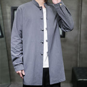Buddha Stones Simple Tang Suit Plain Chinese Frog-Button Design Men's Cotton Jacket Shirt - image 3