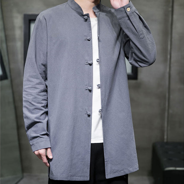 Buddha Stones Simple Tang Suit Plain Chinese Frog-Button Design Men's Cotton Jacket Shirt - image 3