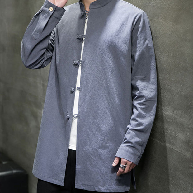 Buddha Stones Simple Tang Suit Plain Chinese Frog-Button Design Men's Cotton Jacket Shirt - image 8
