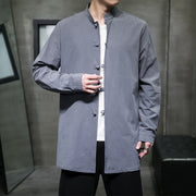 Buddha Stones Simple Tang Suit Plain Chinese Frog-Button Design Men's Cotton Jacket Shirt - image 2