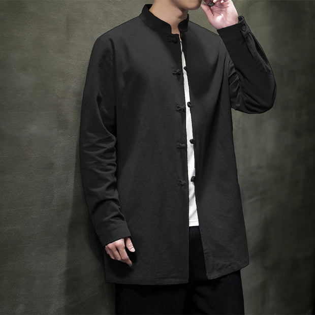 Buddha Stones Simple Tang Suit Plain Chinese Frog-Button Design Men's Cotton Jacket Shirt - image 25
