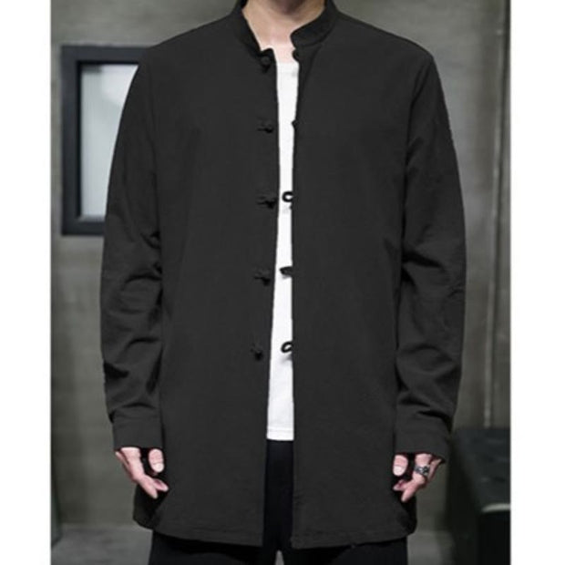 Buddha Stones Simple Tang Suit Plain Chinese Frog-Button Design Men's Cotton Jacket Shirt - image 28