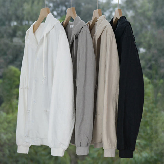 Buddha Stones Ribbed Hem Design Hoodie Men's Cotton Linen Jacket Shirt With Pockets - image 25