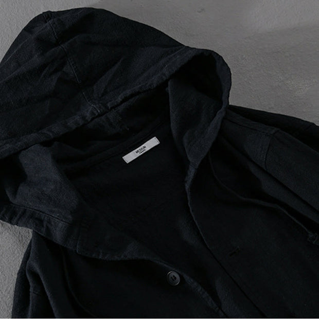 Buddha Stones Ribbed Hem Design Hoodie Men's Cotton Linen Jacket Shirt With Pockets - image 13