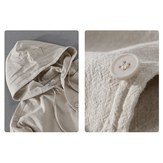 Buddha Stones Ribbed Hem Design Hoodie Men's Cotton Linen Jacket Shirt With Pockets - image 8