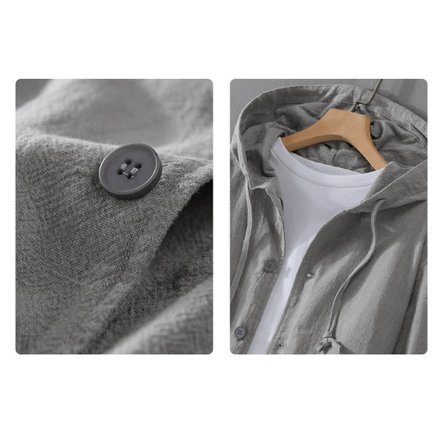 Buddha Stones Ribbed Hem Design Hoodie Men's Cotton Linen Jacket Shirt With Pockets - image 3