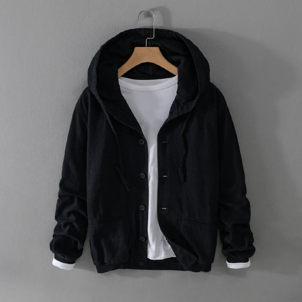 Buddha Stones Ribbed Hem Design Hoodie Men's Cotton Linen Jacket Shirt With Pockets - Black - US/UK/AU42，EU52 (3XL) - image 12