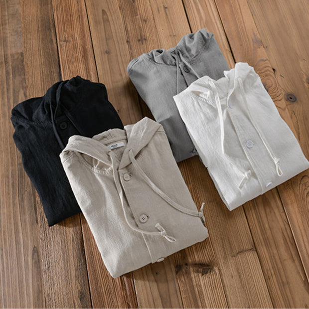 Buddha Stones Ribbed Hem Design Hoodie Men's Cotton Linen Jacket Shirt With Pockets - image 21