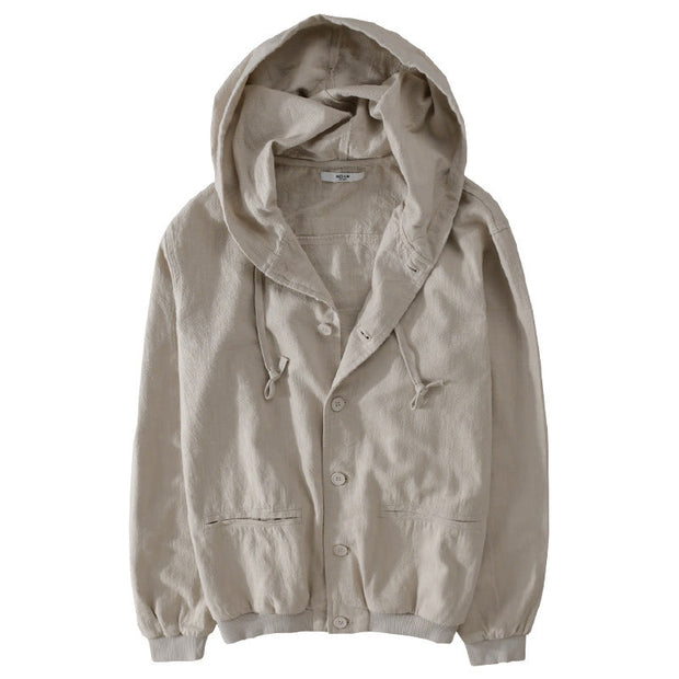 Buddha Stones Ribbed Hem Design Hoodie Men's Cotton Linen Jacket Shirt With Pockets - image 11