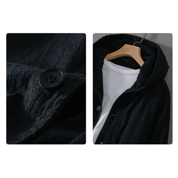 Buddha Stones Ribbed Hem Design Hoodie Men's Cotton Linen Jacket Shirt With Pockets - image 14