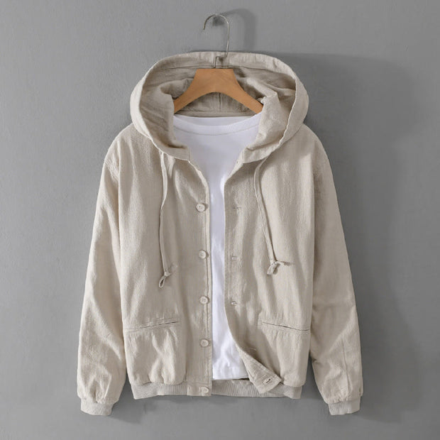 Buddha Stones Ribbed Hem Design Hoodie Men's Cotton Linen Jacket Shirt With Pockets - Beige - US/UK/AU42，EU52 (3XL) - image 6