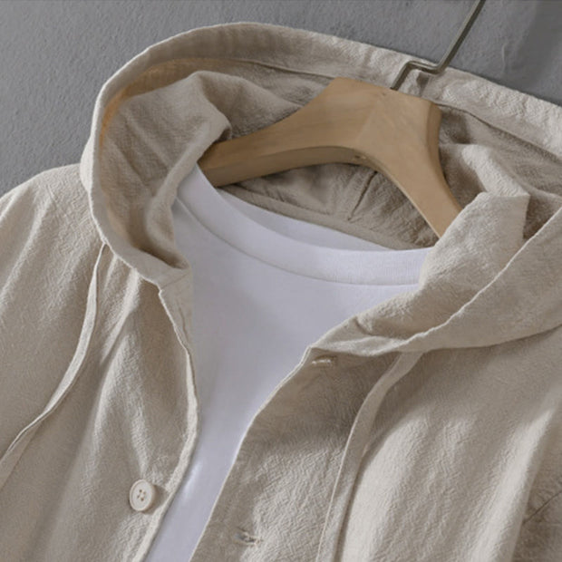 Buddha Stones Ribbed Hem Design Hoodie Men's Cotton Linen Jacket Shirt With Pockets - image 7