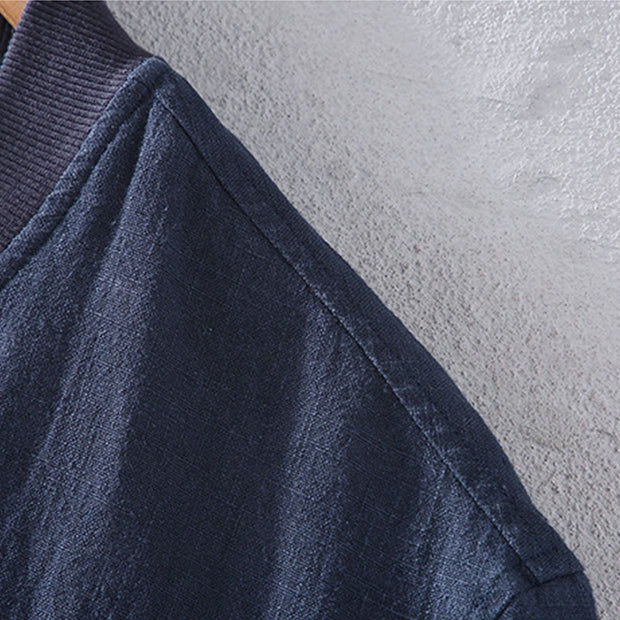 Buddha Stones Winter Plain Zipper Design Stand Collar Men's Cotton Linen Jacket Shirt With Pockets - image 7