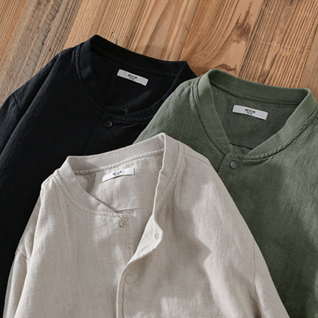Buddha Stones Casual Solid Color Ribbed Hem Long Sleeve Men's Cotton Linen Shirt With Pockets  - image 21
