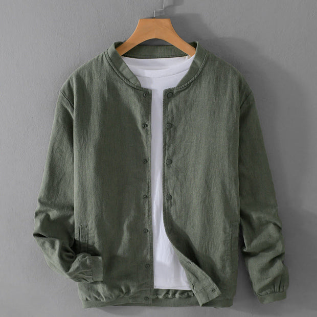Buddha Stones Casual Solid Color Ribbed Hem Long Sleeve Men's Cotton Linen Shirt With Pockets  - image 2