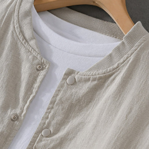 Buddha Stones Casual Solid Color Ribbed Hem Long Sleeve Men's Cotton Linen Shirt With Pockets  - image 7