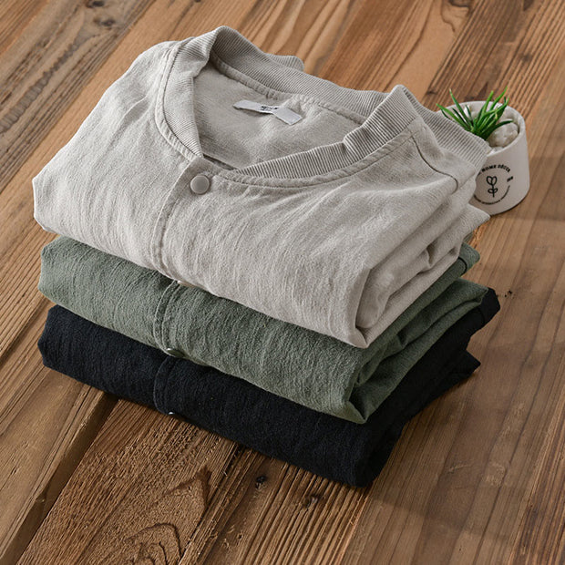 Buddha Stones Casual Solid Color Ribbed Hem Long Sleeve Men's Cotton Linen Shirt With Pockets  - image 20