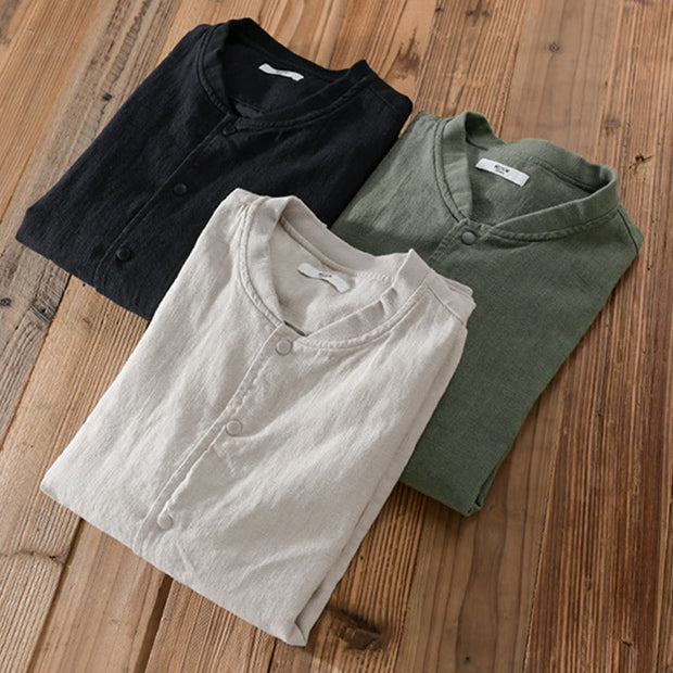 Buddha Stones Casual Solid Color Ribbed Hem Long Sleeve Men's Cotton Linen Shirt With Pockets  - image 19