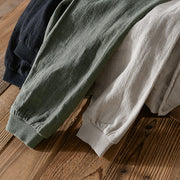 Buddha Stones Casual Solid Color Ribbed Hem Long Sleeve Men's Cotton Linen Shirt With Pockets  - image 22