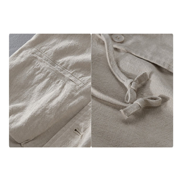 Buddha Stones Ribbed Hem Design Hoodie Men's Cotton Linen Jacket Shirt With Pockets - image 10