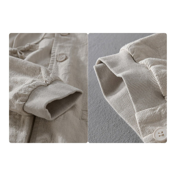 Buddha Stones Ribbed Hem Design Hoodie Men's Cotton Linen Jacket Shirt With Pockets - image 11