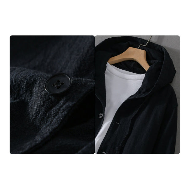 Buddha Stones Ribbed Hem Design Hoodie Men's Cotton Linen Jacket Shirt With Pockets - image 14