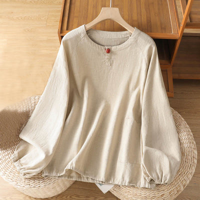 Buddha Stones Casual Plain Button Crew Neck Cotton Polyester Women's Shirt - Beige - US14，UK/AU18，EU46 (2XL) - image 1
