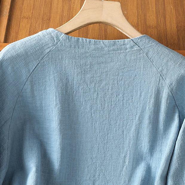 Buddha Stones Casual Plain Button Crew Neck Cotton Polyester Women's Shirt - image 13