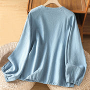Buddha Stones Casual Plain Button Crew Neck Cotton Polyester Women's Shirt - image 10