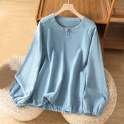 Buddha Stones Casual Plain Button Crew Neck Cotton Polyester Women's Shirt - LightSkyBlue - US14，UK/AU18，EU46 (2XL) - image 9