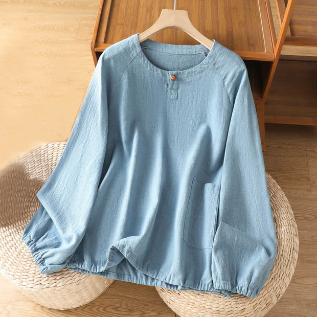 Buddha Stones Casual Plain Button Crew Neck Cotton Polyester Women's Shirt - LightSkyBlue - US14，UK/AU18，EU46 (2XL) - image 9